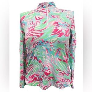 Icikuls Multicolored Animal Print
Longsleeve Zip Mock Sun Shirt Size M.